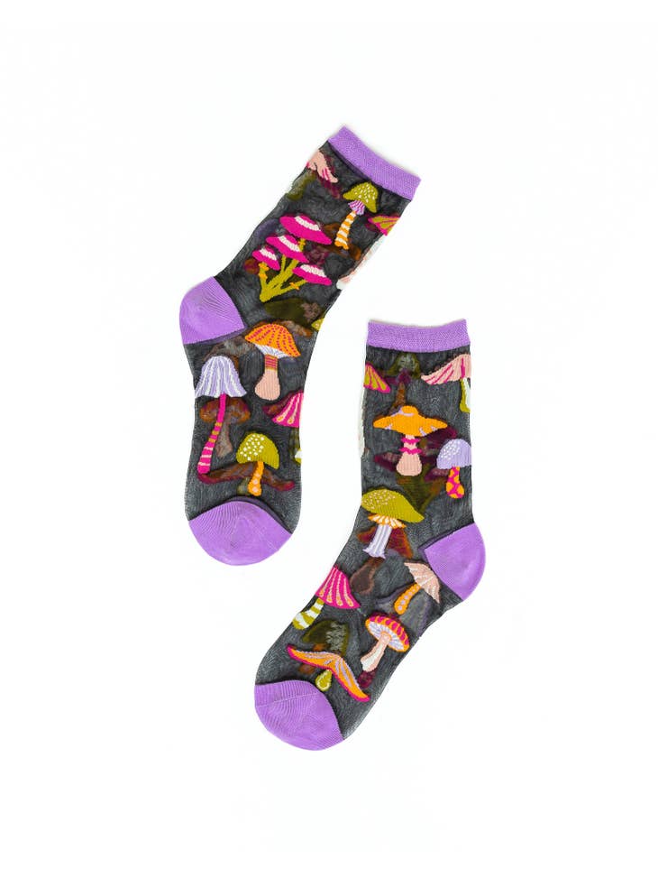 Magic Mushrooms Black Sheer Crew Sock - La De Da