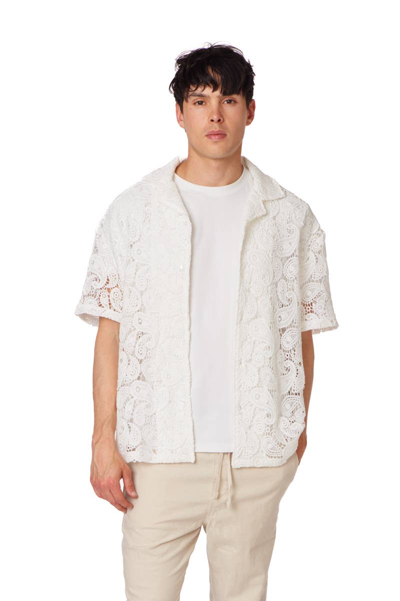 Textured Short Sleeve Men's Shirt - White Lace