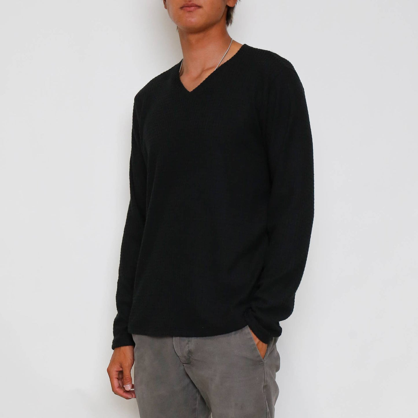 Brushed Waffle V Neck Long Sleeve - Black