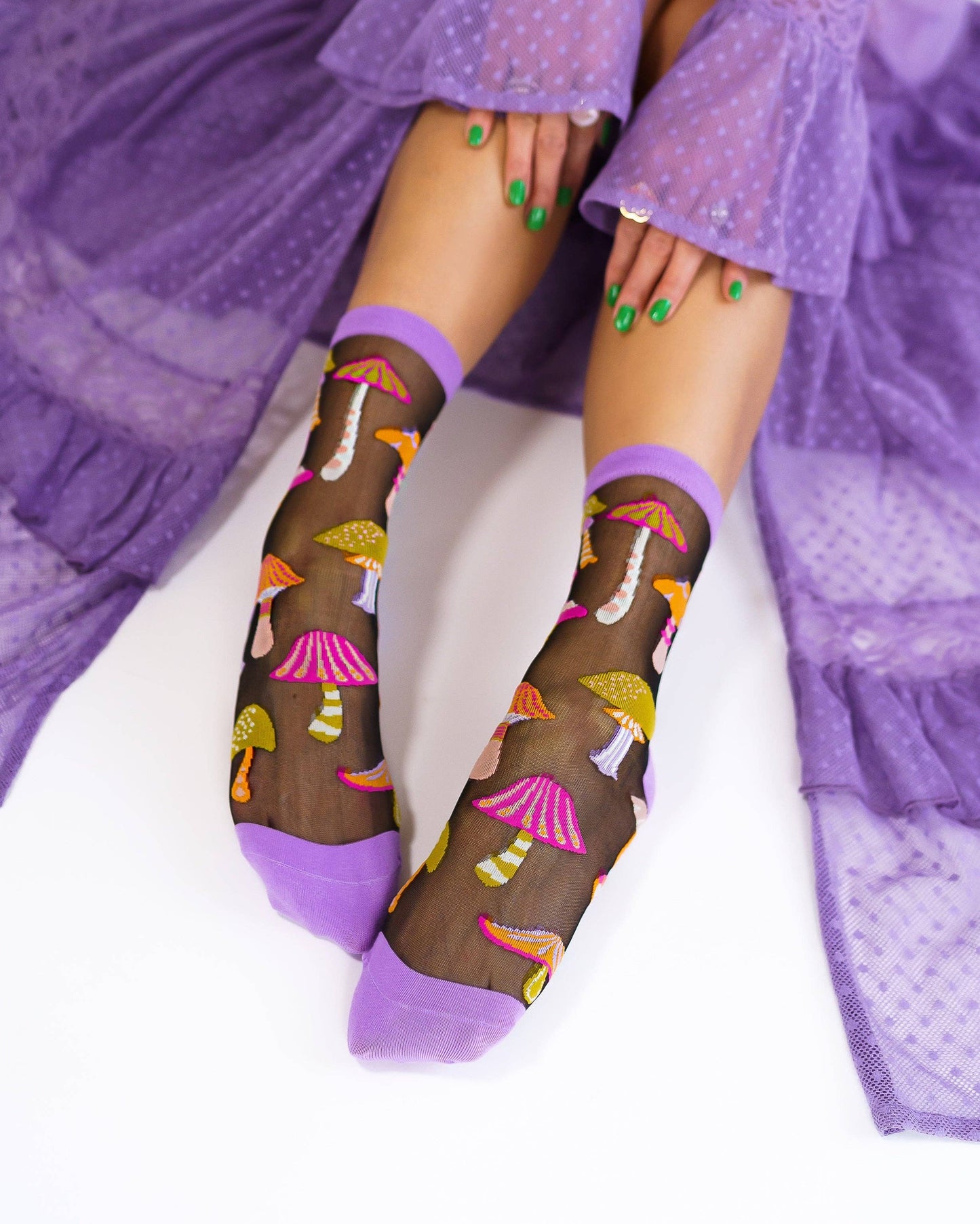 Magic Mushrooms Black Sheer Crew Sock - One Size