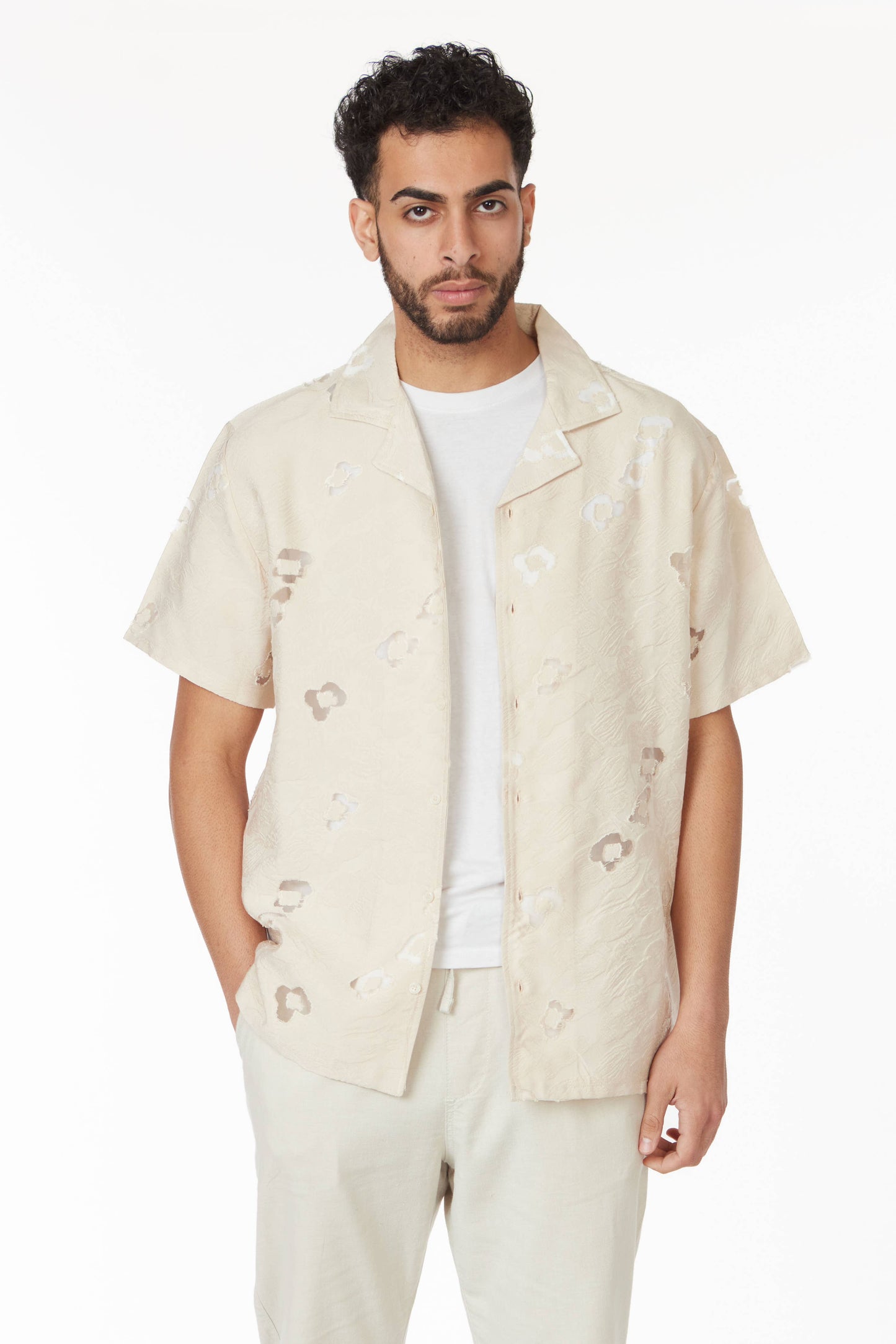 Textured Short Sleeve Men's Shirt - Ivory Floral