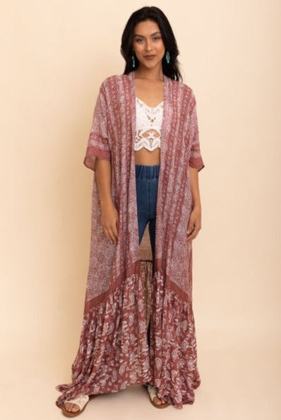 Wine Free Flow Paisley Longline Kimono - La De Da