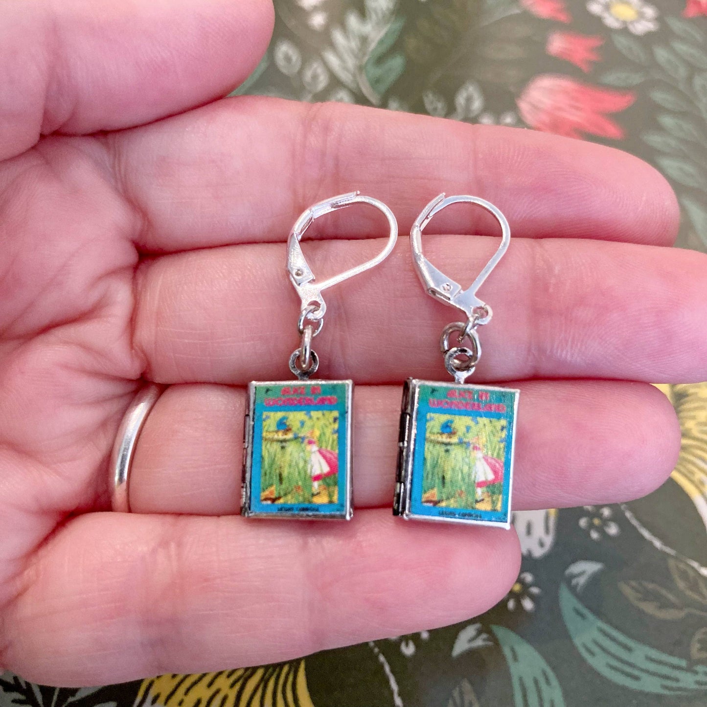 Earrings Book Locket Alice In Wonderland Blue w/ Caterpillar