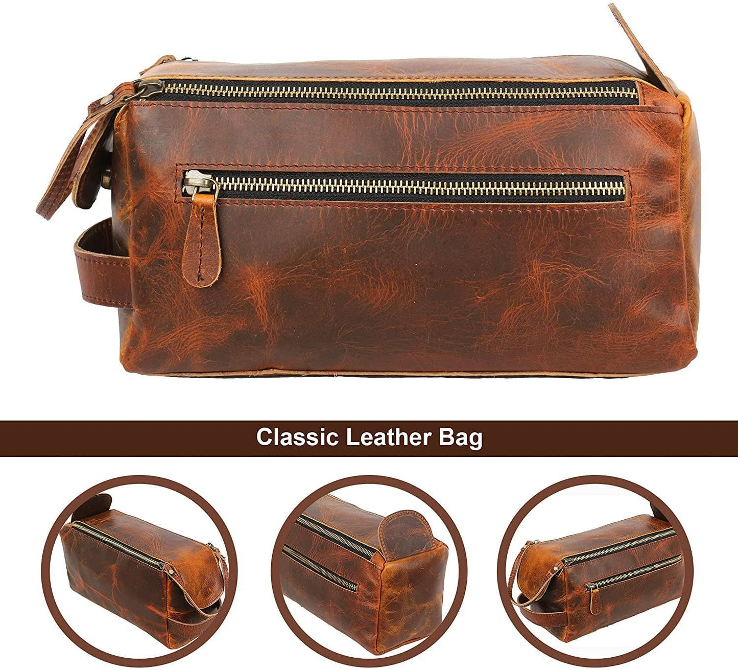 Tuzech Vintage Full Grain Leather Handmade Travel Toiletry Bag