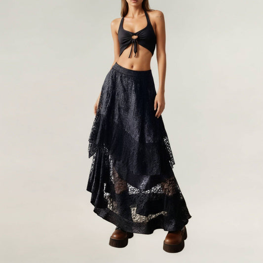 Asymmetrical Tiered Lace Maxi Skirt - Black