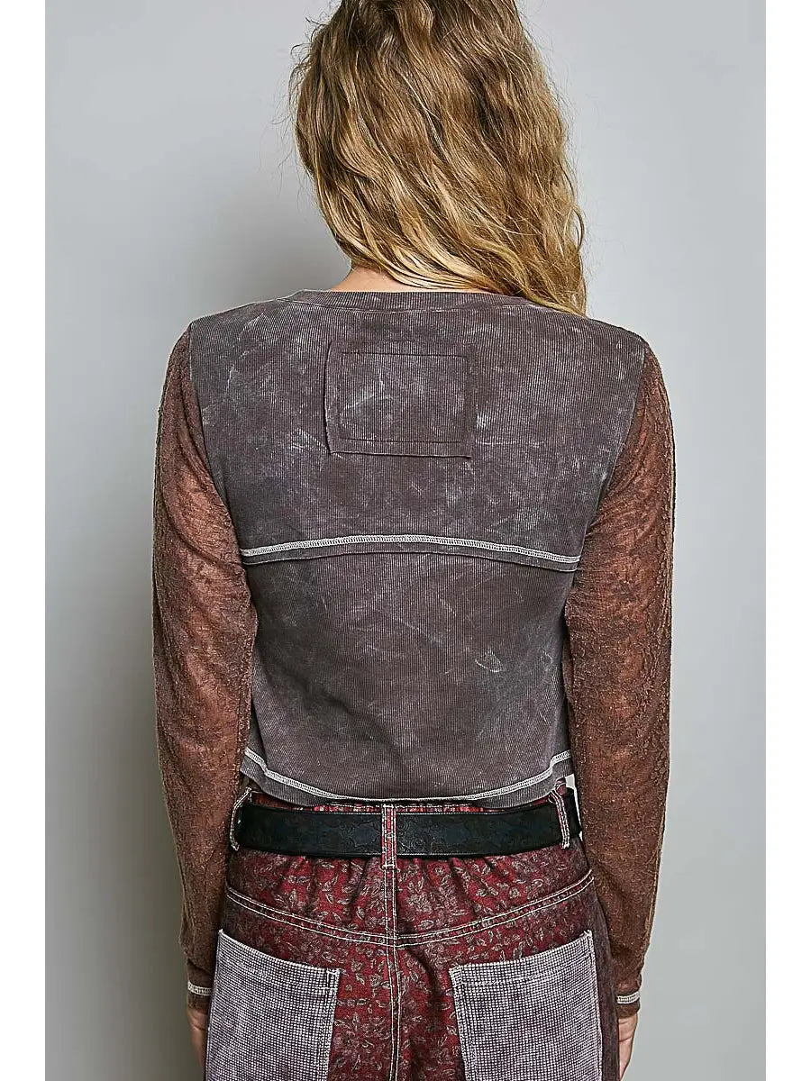 Semi-Sheer Textured Lace Vintage-Wash Crop Rib Knit Top - COCOA