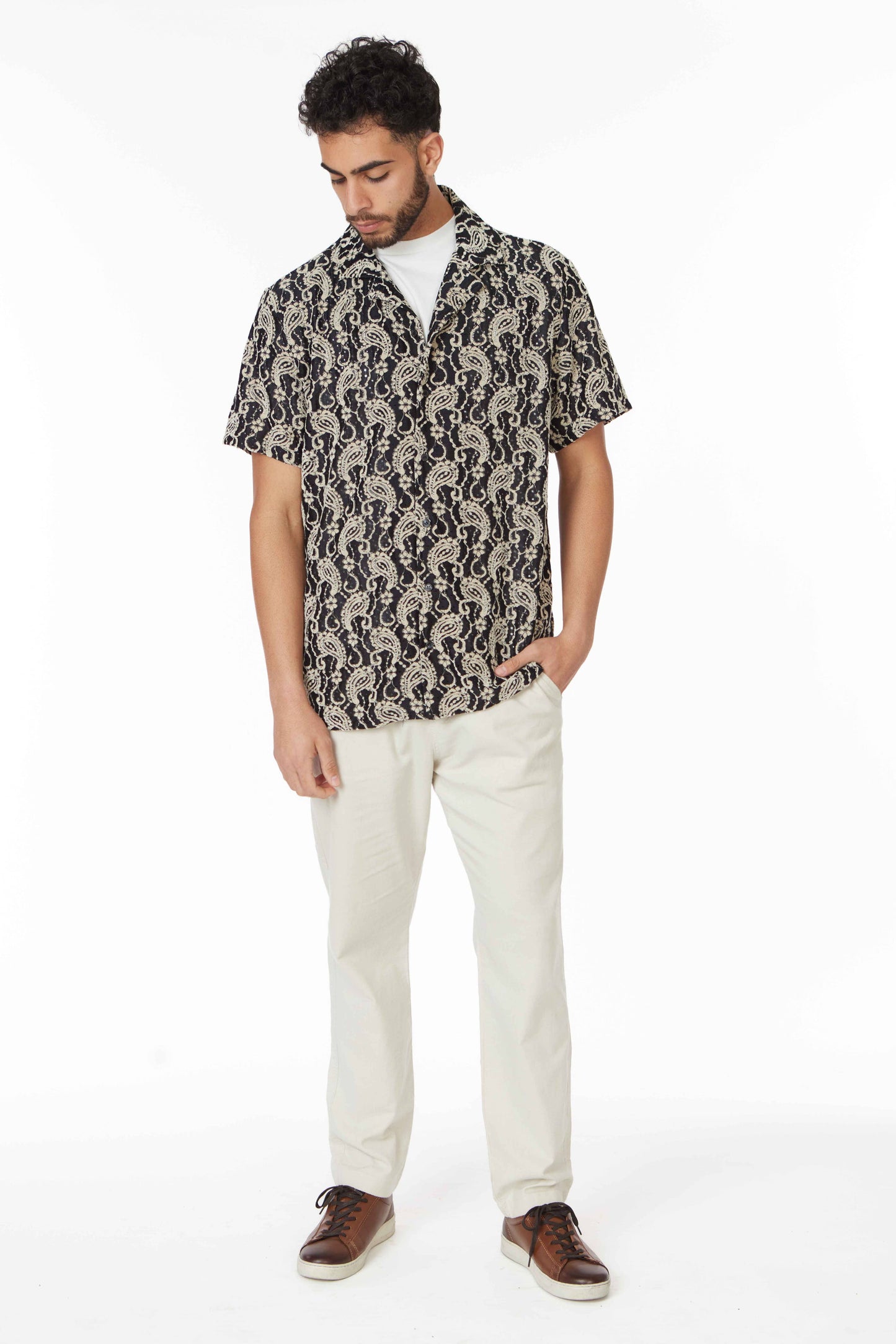 Crochet/Textured Short Sleeve Men's Shirt - Black/Beige