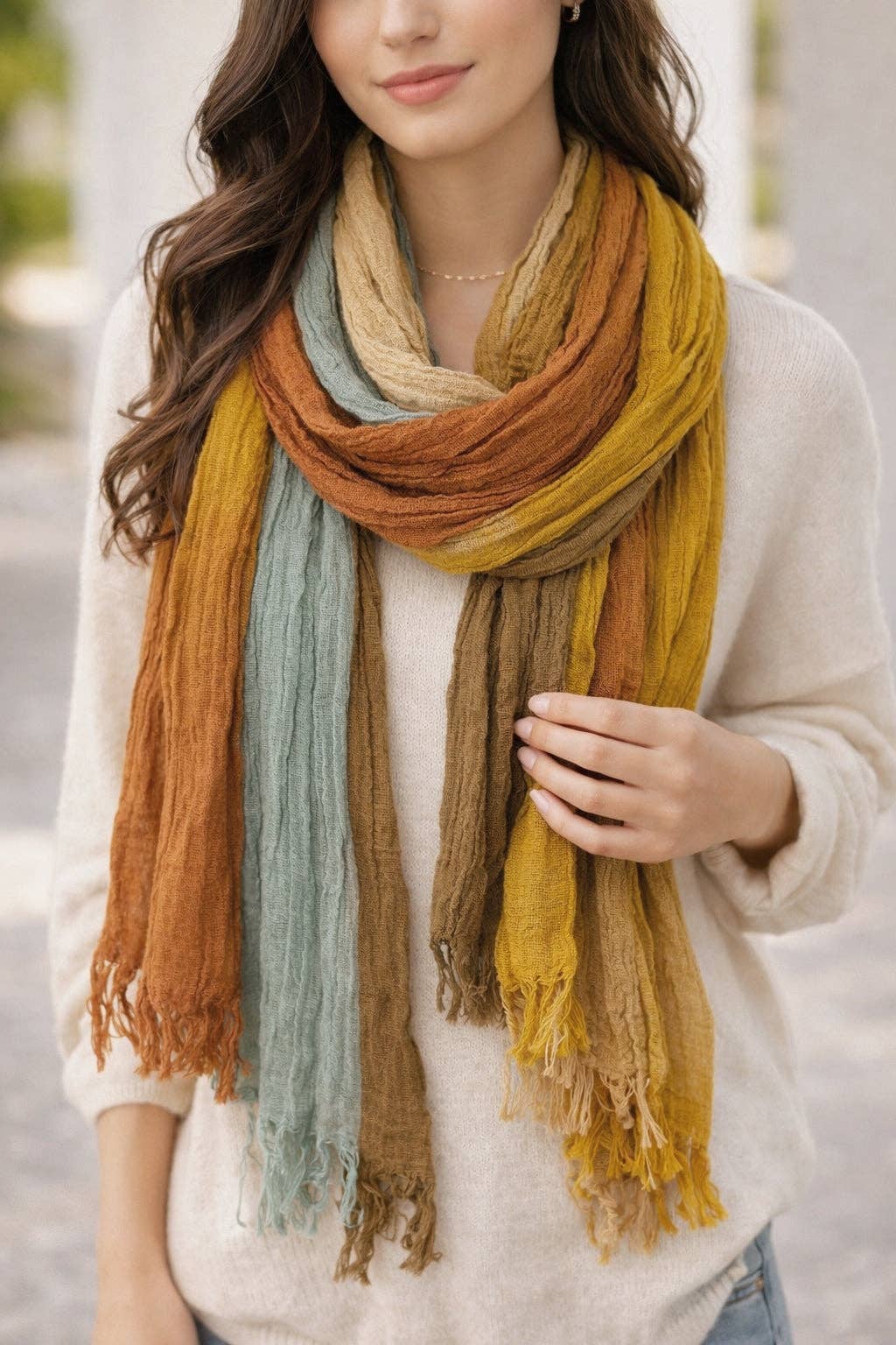 Multi-Tone Stripe Scarf Wrap - Caramel-Multi