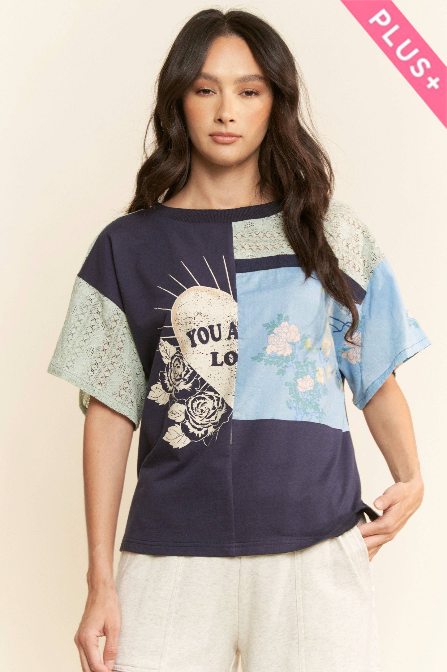 Plus Patchwork Multi Bodice Short Sleeve Top - Navy