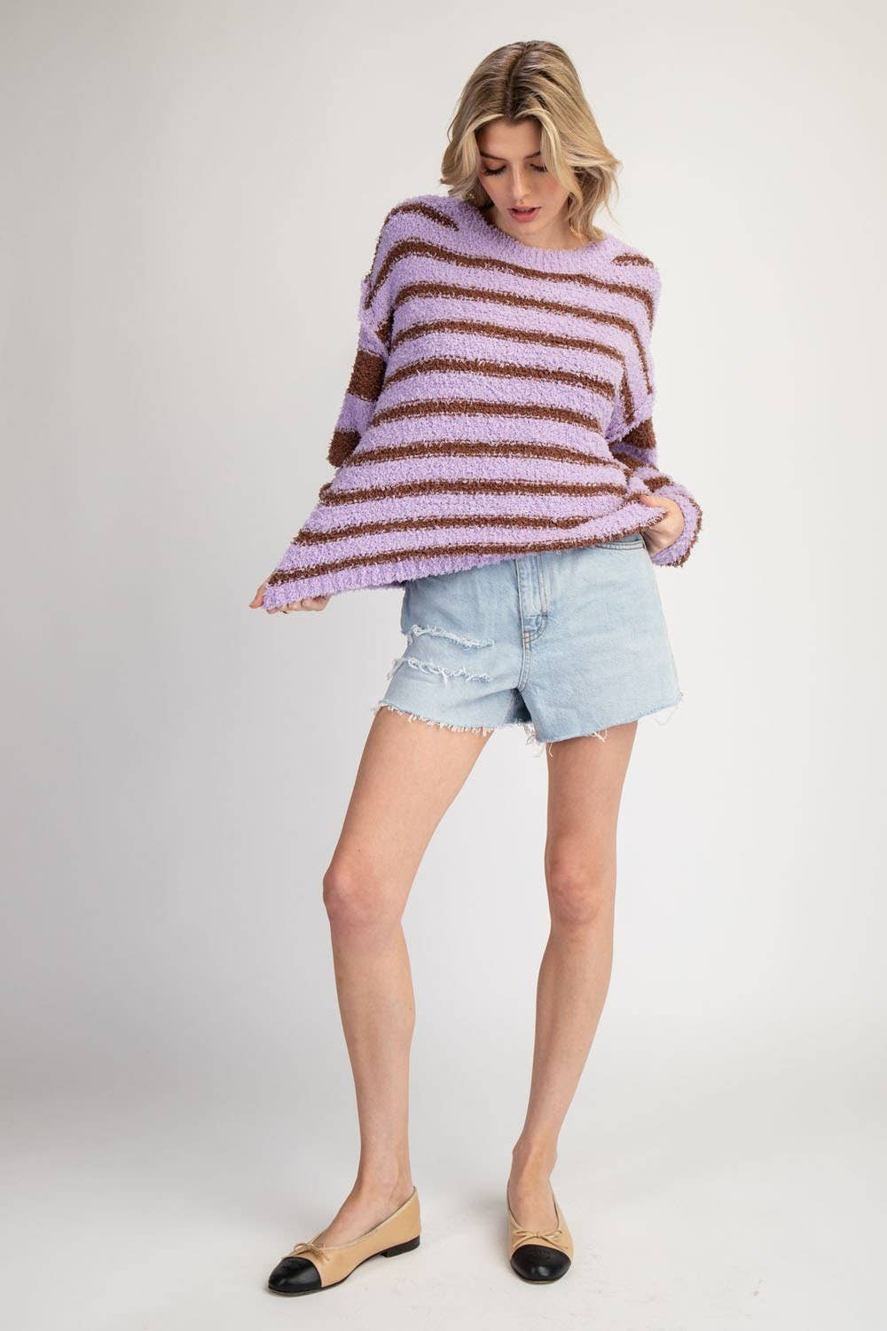 Striped Fleece Pullover Sweater - Lavender