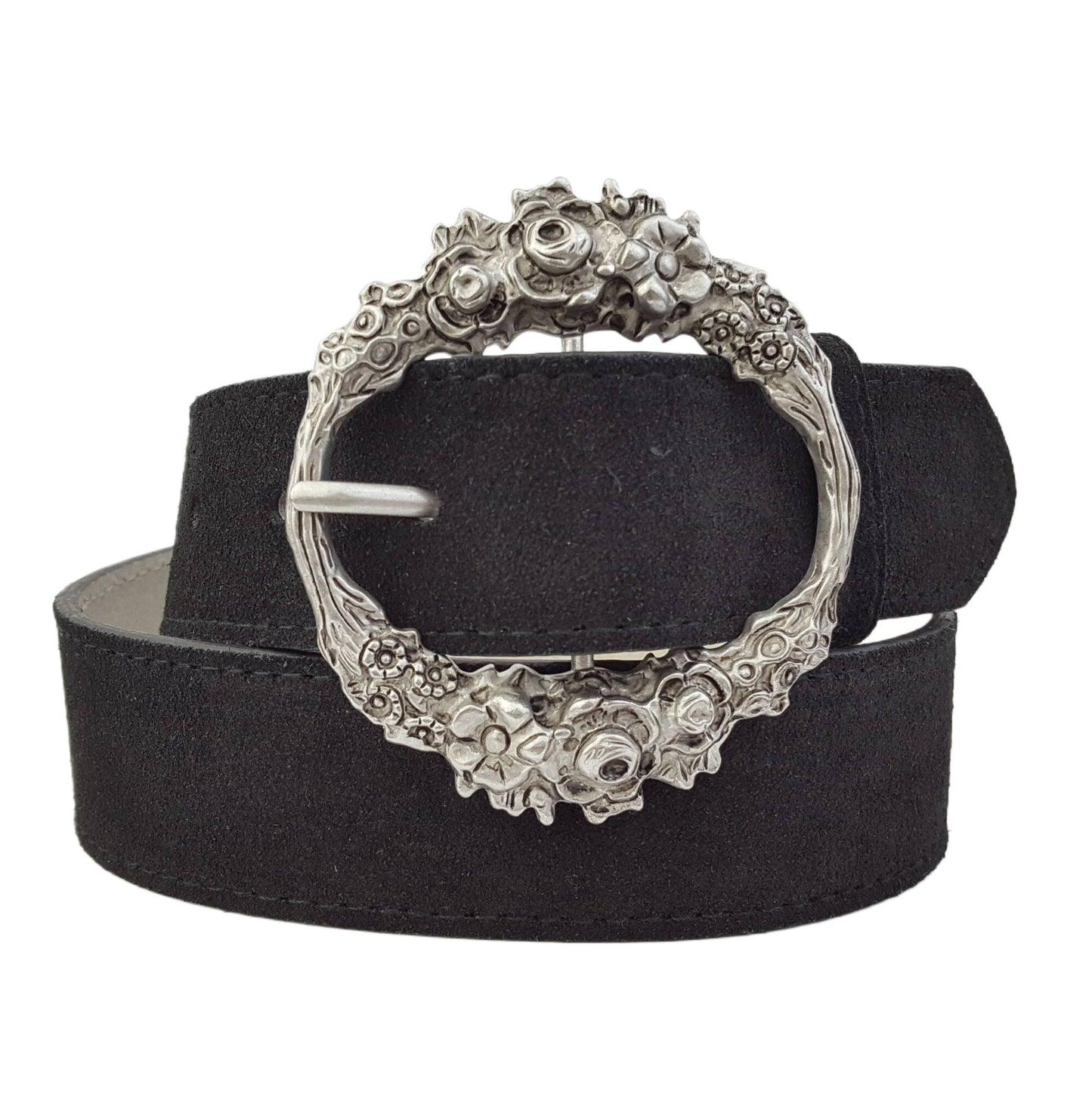 Genuine Suede Leather w. Floral Etched Buckle - Black