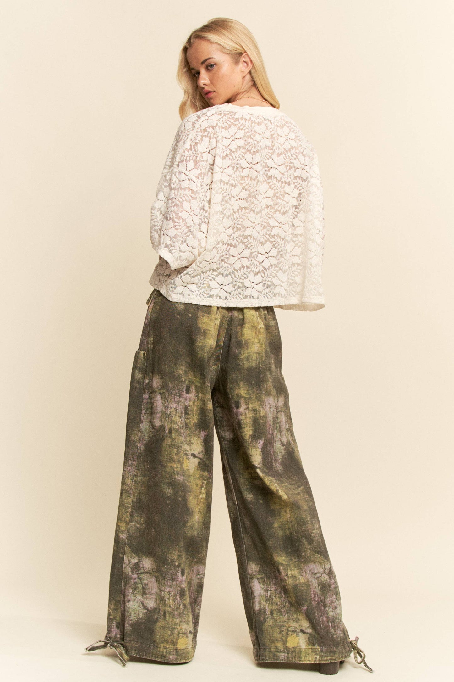 Curve Tie-Dye Printed Mid-High Waist Pants - Dark Olive