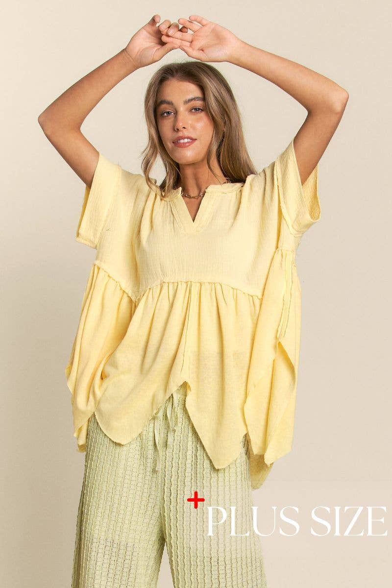 Curve V Neck Tunic Top - Pastel Lemon
