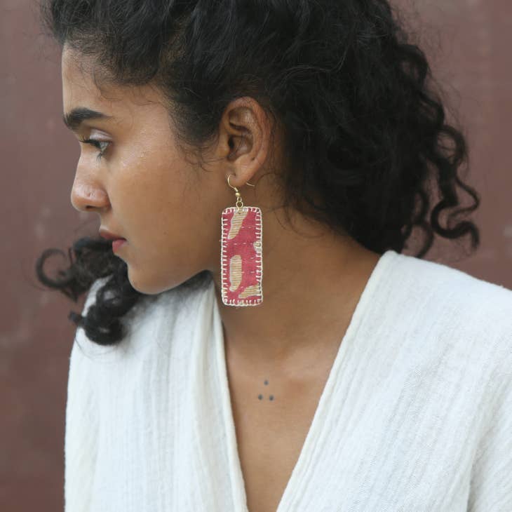Teal Floral Reversible Kantha Patch Earrings - La De Da