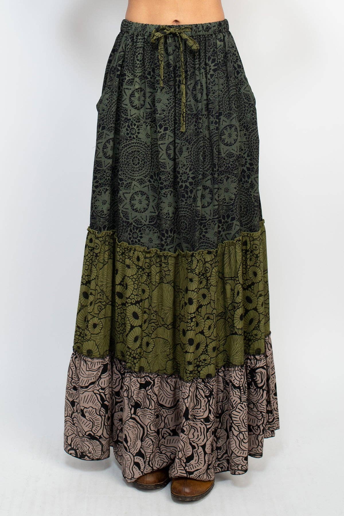 Tiered Lace Print Maxi Skirt - Sage