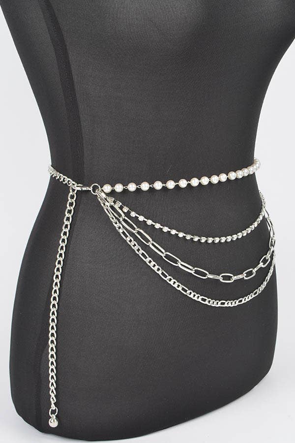 Multi Layered Curve Chain Belt - Silver