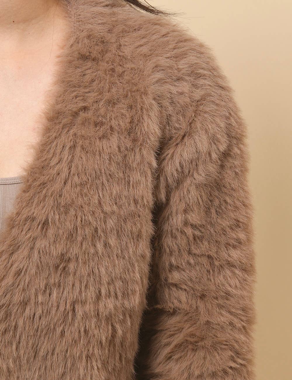 Ladies Solid Color Faux Mink V-Neck Cardigan - Khaki