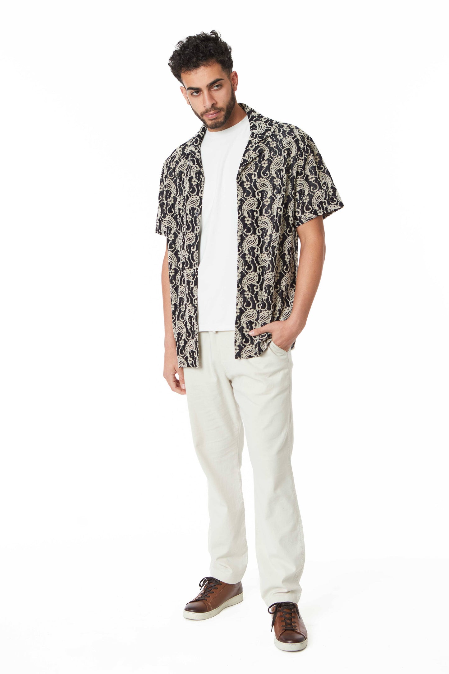 Crochet/Textured Short Sleeve Men's Shirt - Black/Beige