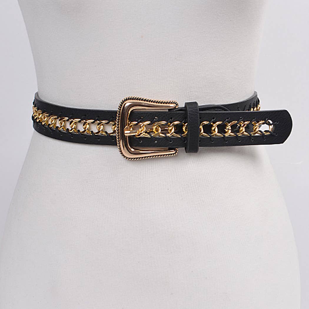Chain Inside Frame Buckle Belt - Black/Gold