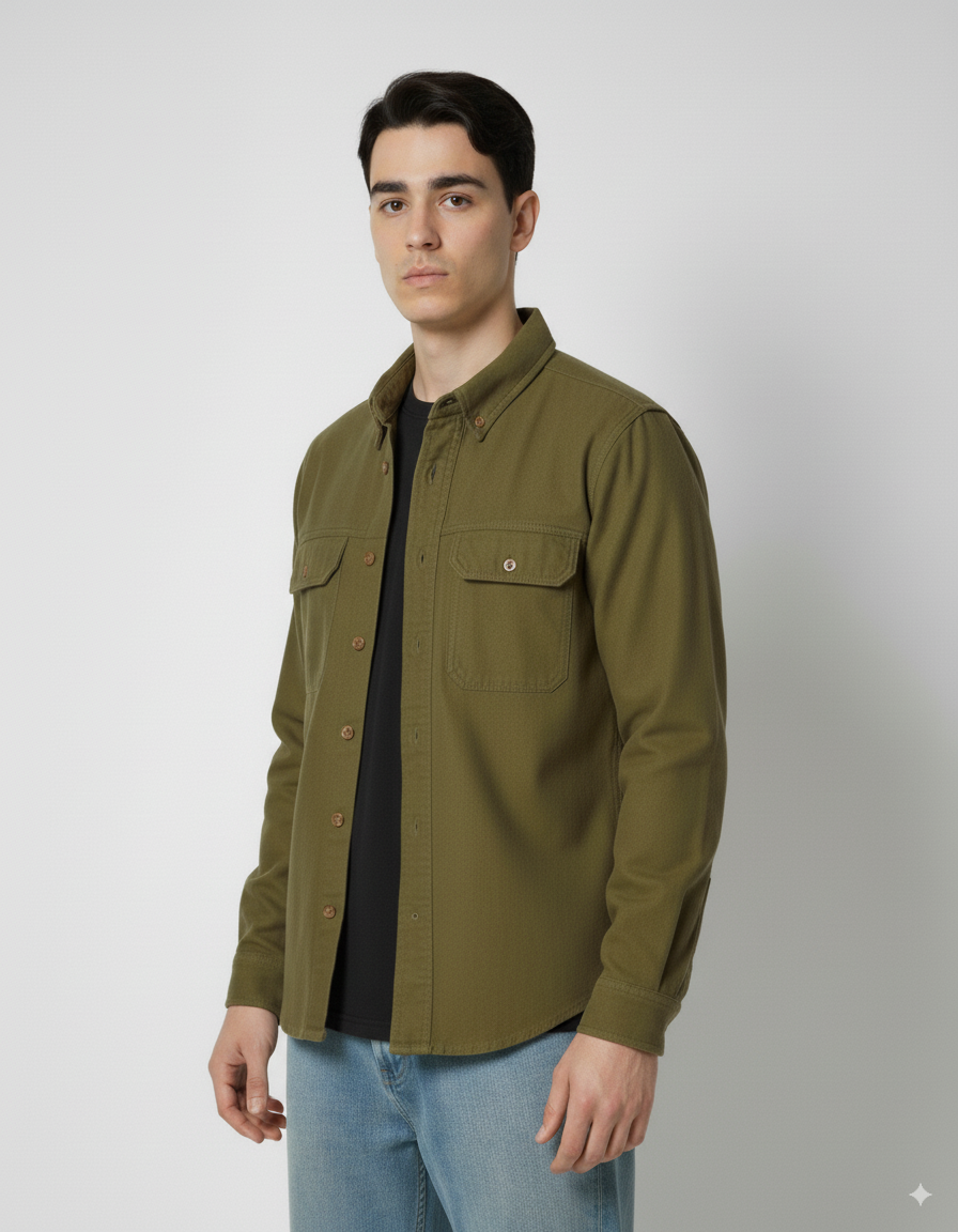 Men's Denim Long Sleeve Shacket - Olive