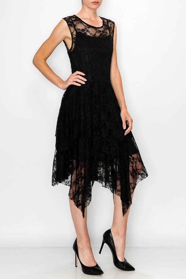 Whimsical Sleeveless Lace Midi Dress With Unattached Slip - Black