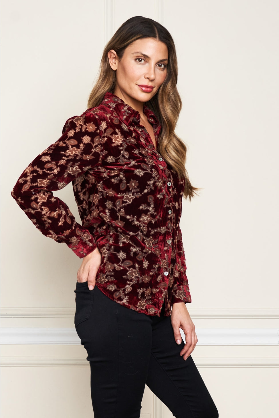 Velvet Burnout Button Front Shirt - Burgundy