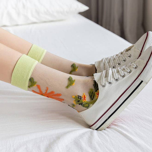 Thin Floral Breathable Socks - YellowGreen