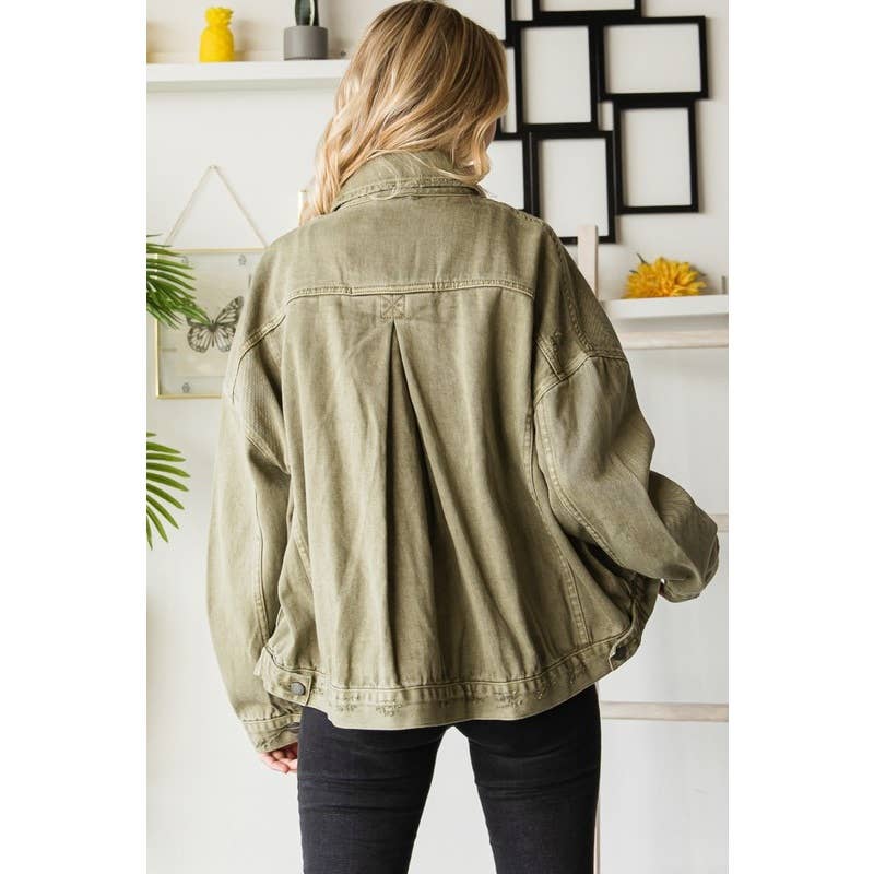 Curve Pleated Back Denim Jacket - Olive