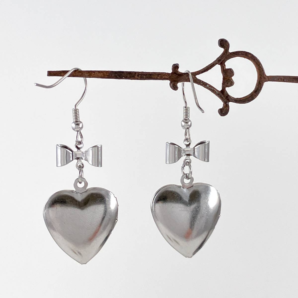 Heart Locket Earrings | Working Lockets with Bow Detail - Stainless Steel