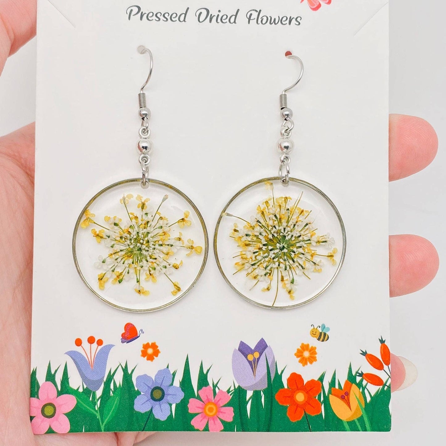 Round Dried Flowers Earrings - Yellow