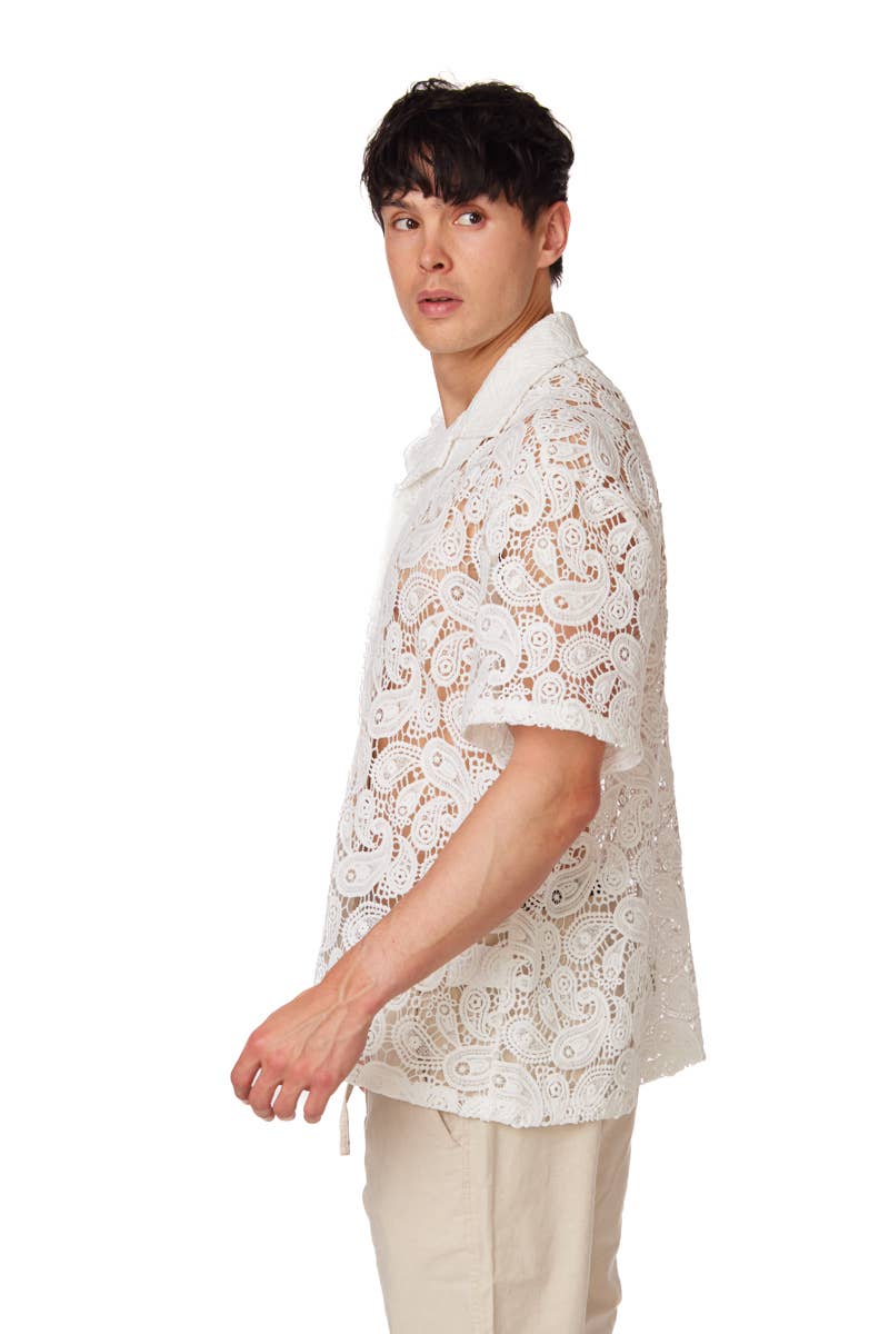 Textured Short Sleeve Men's Shirt - White Lace