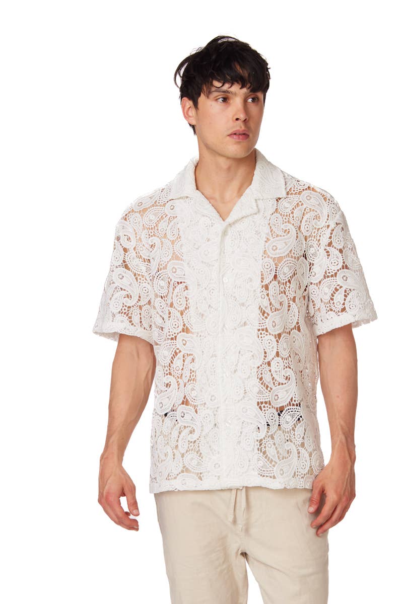 Textured Short Sleeve Men's Shirt - White Lace