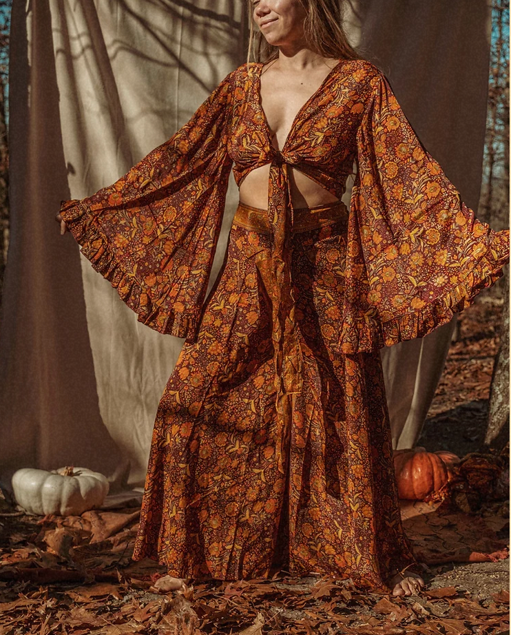 Hippie Boho Silk Bell Bottom Flare Pants, Palazzo Pants - Brown