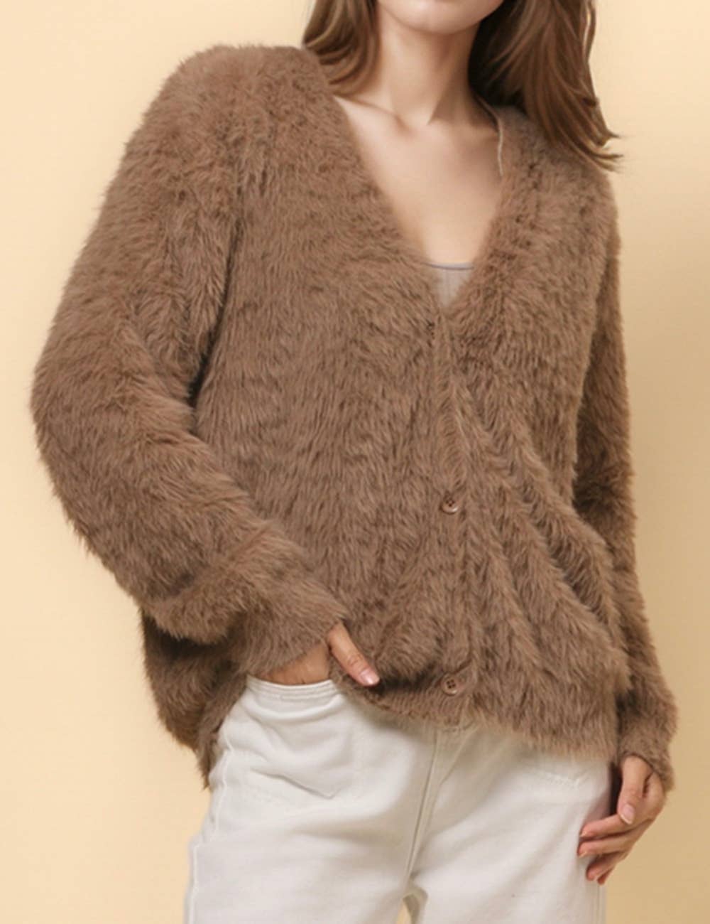 Ladies Solid Color Faux Mink V-Neck Cardigan - Khaki