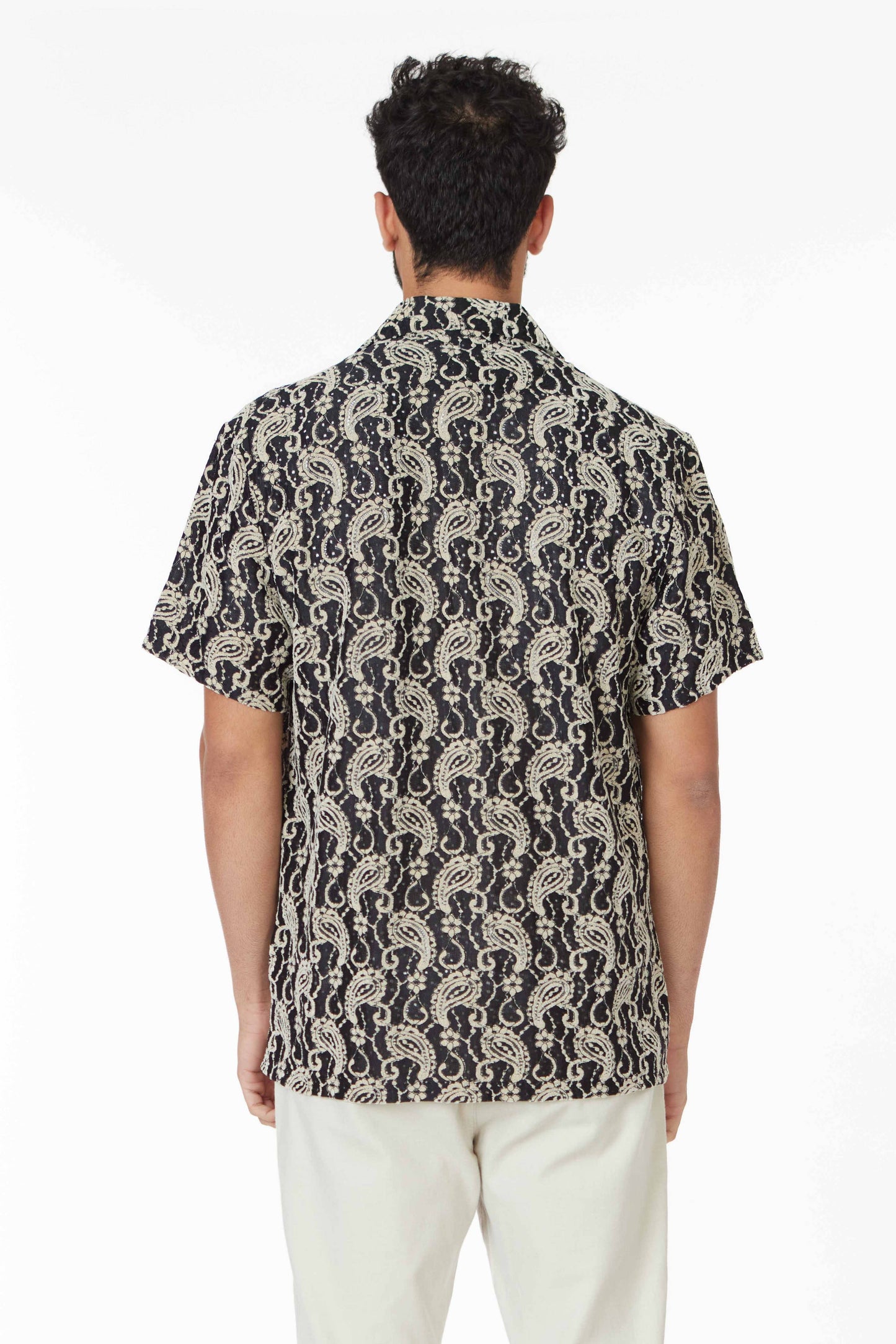 Crochet/Textured Short Sleeve Men's Shirt - Black/Beige