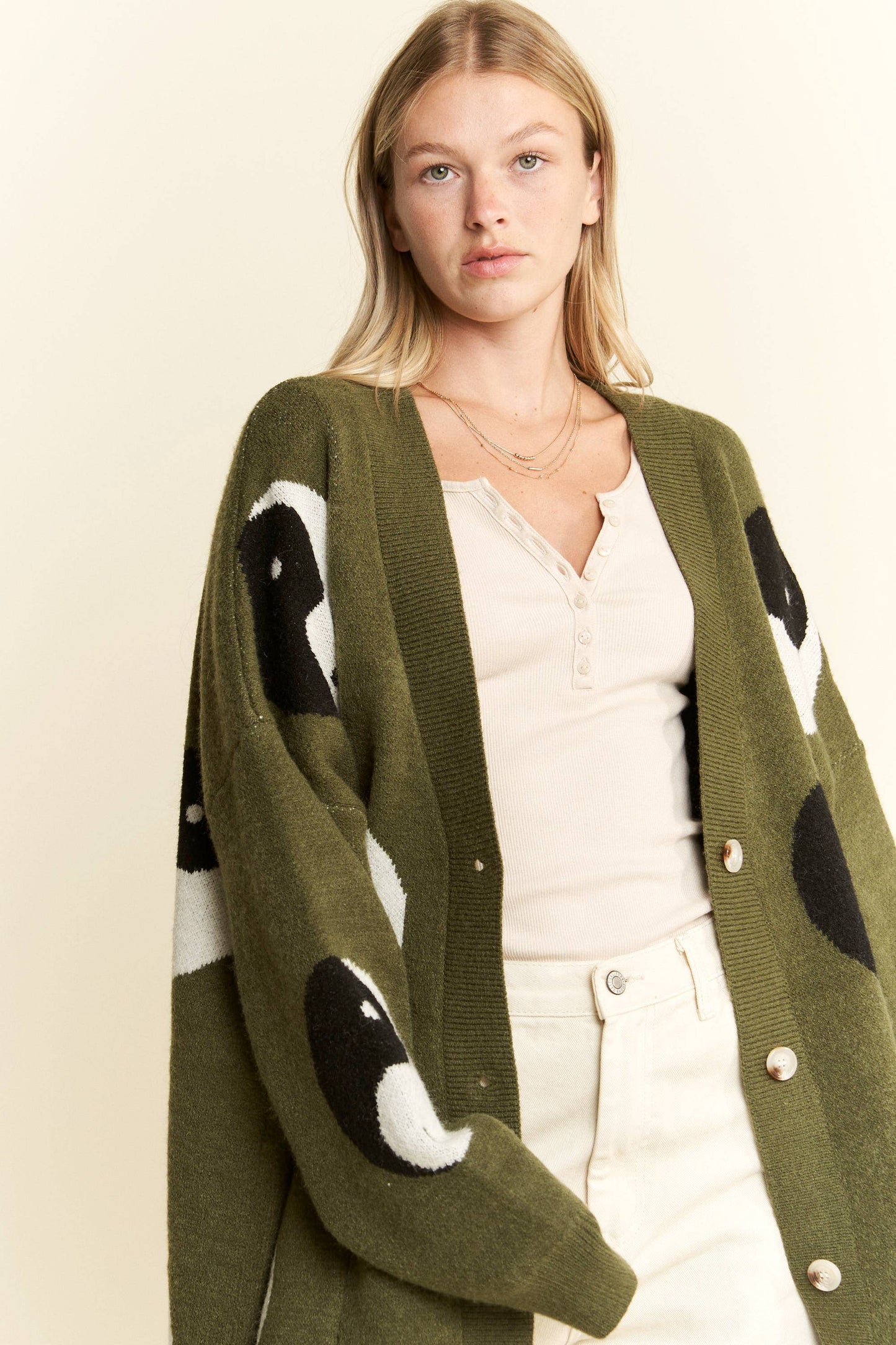 Oversized Yin Yang Cardigan - Olive