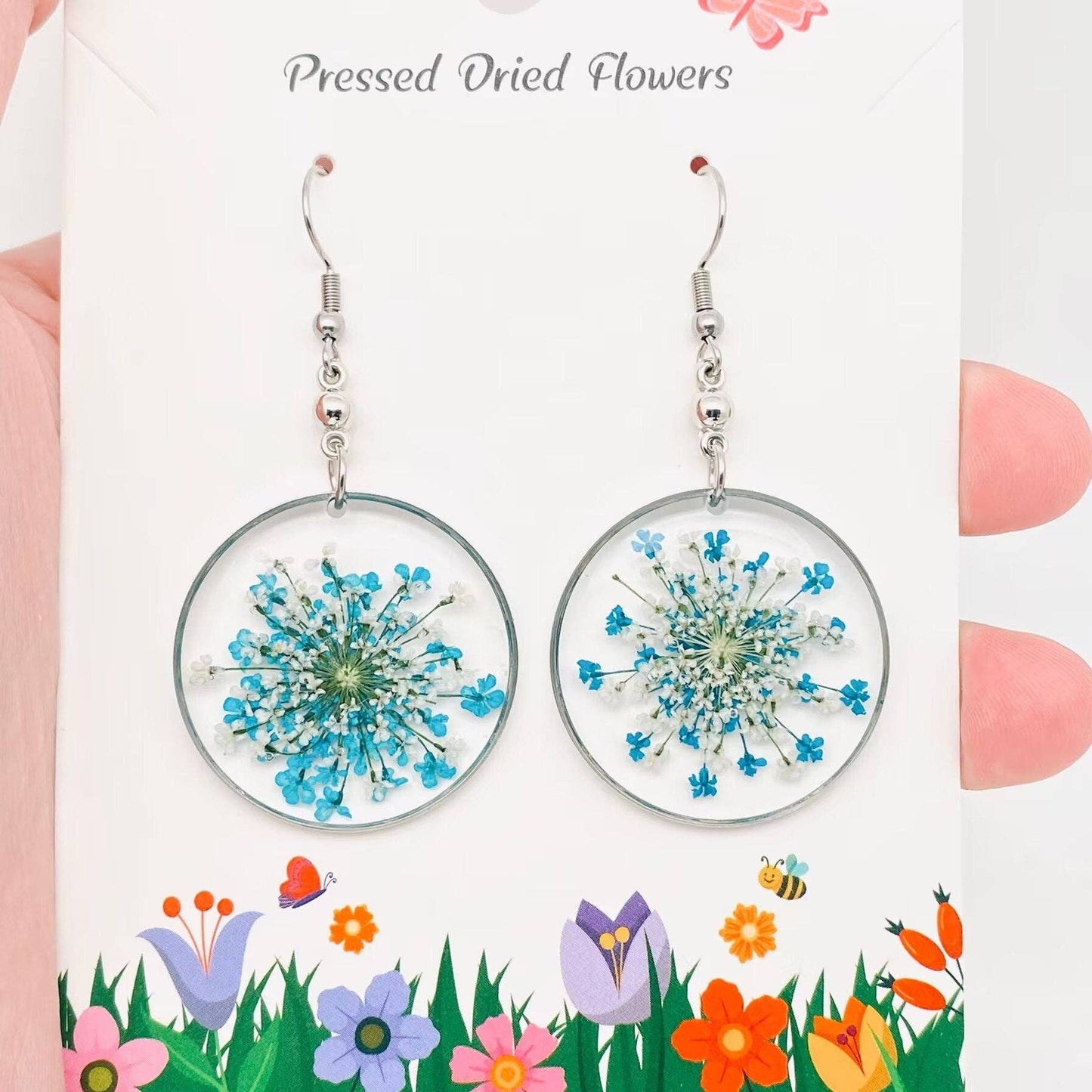 Round Pendant Dried Flowers Earrings - Blue