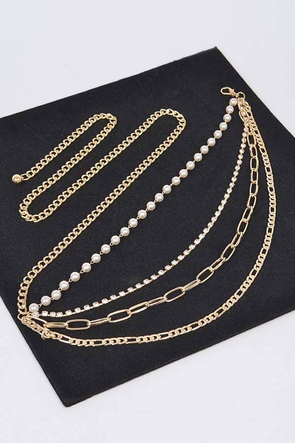Multi Layered Chain Belt with Pearl Waist - Gold