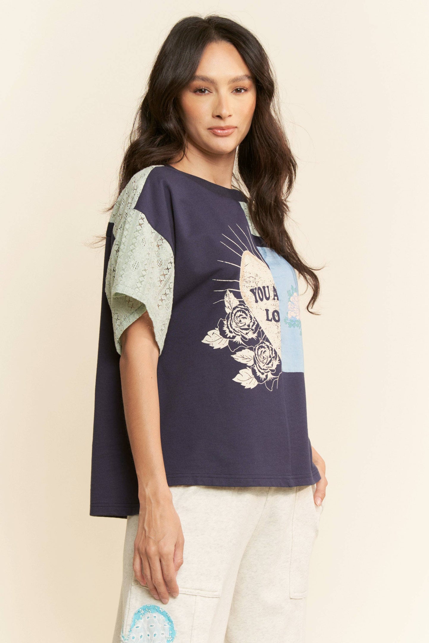 Plus Patchwork Multi Bodice Short Sleeve Top - Navy