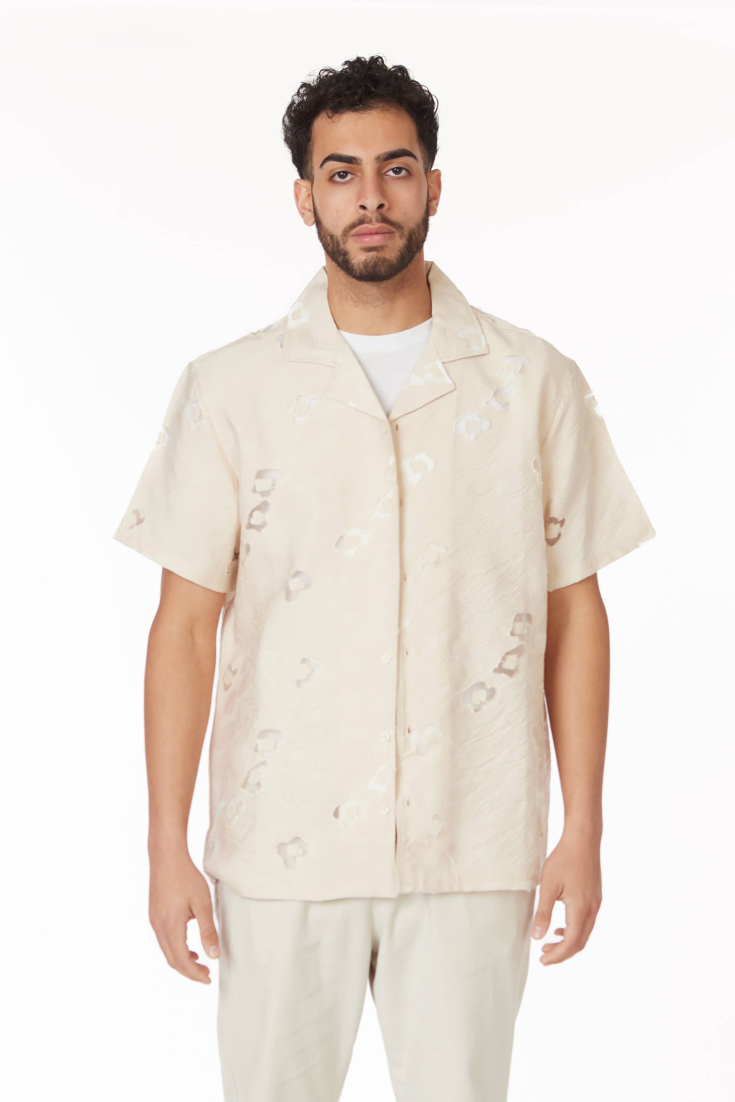 Textured Short Sleeve Men's Shirt - Ivory Floral