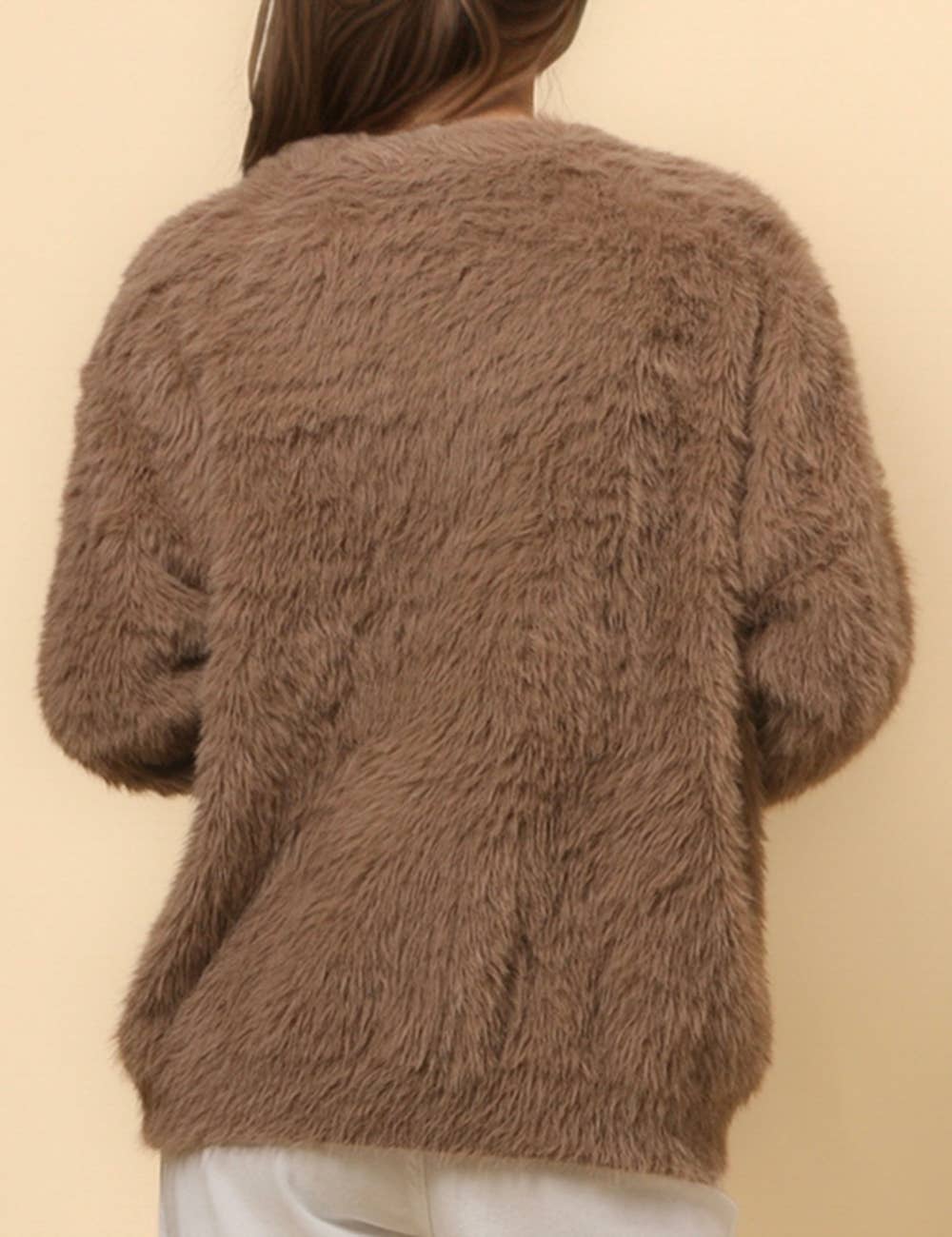 Ladies Solid Color Faux Mink V-Neck Cardigan - Khaki