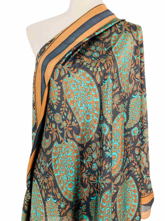 Silk-Feeling Green-Mocha Paisley Scarf