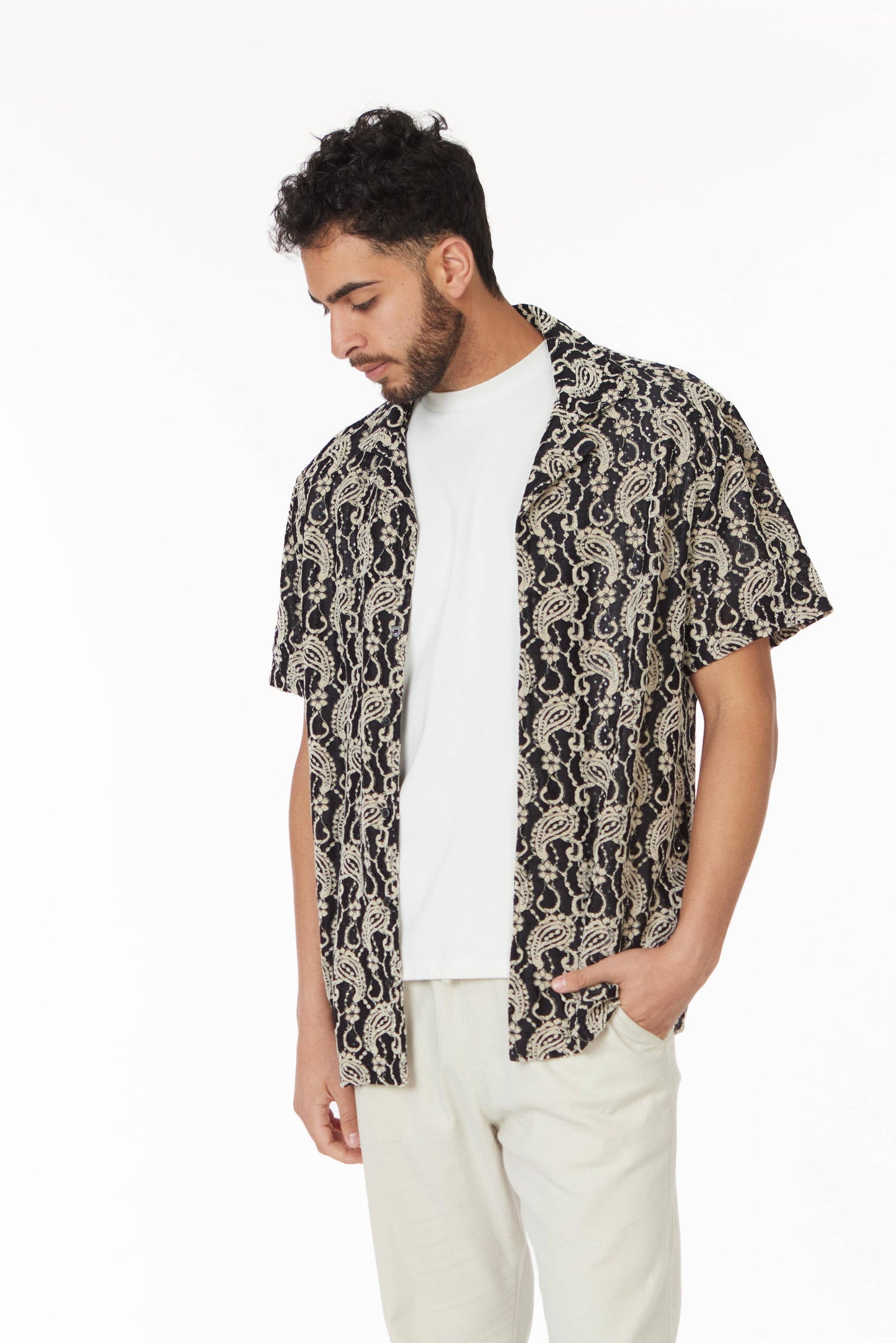 Crochet/Textured Short Sleeve Men's Shirt - Black/Beige