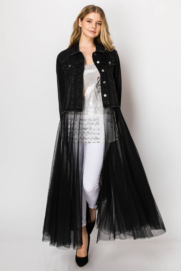 Chic Denim Longline Duster With Tulle Skirt โ Black