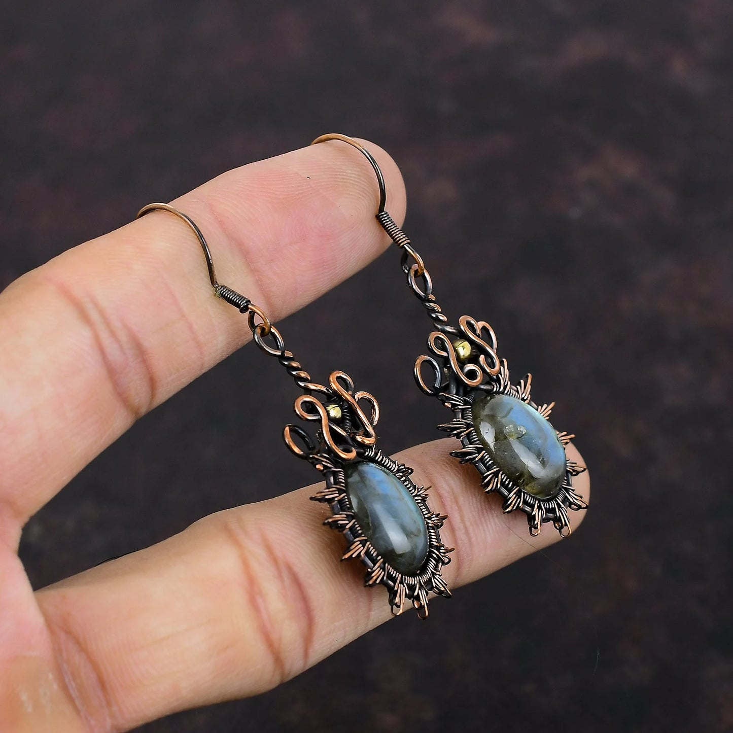 Labradorite Earrings Wrapped Copper