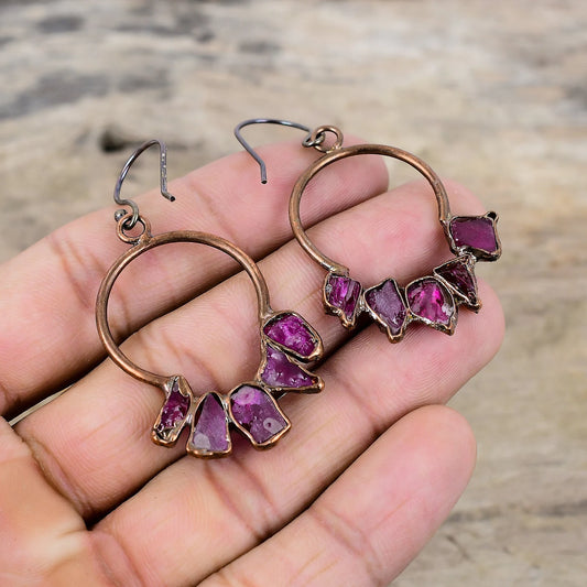 Pink Rough Tourmaline and Copper Earrings