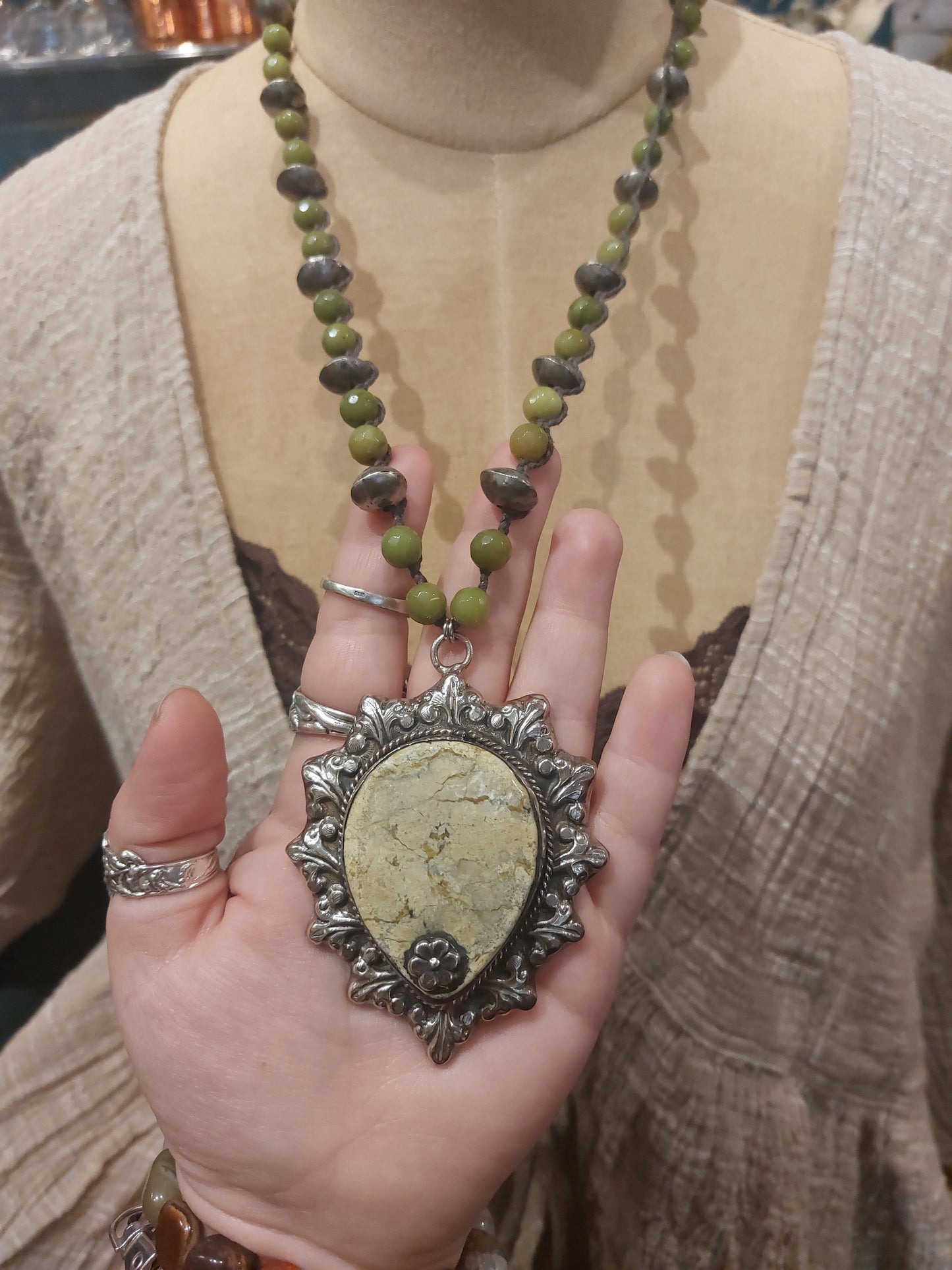 Green Jasper Pendant On Olive Jade Necklace