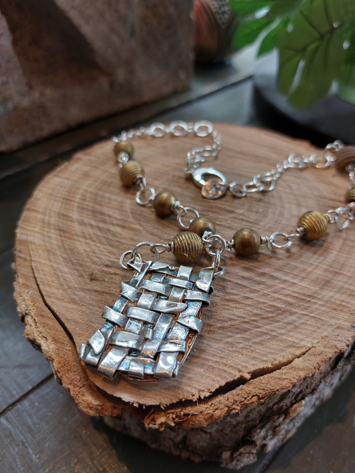 Fine Silver Pietersite W/ Brass African Beads Chain Necklace *425N-6