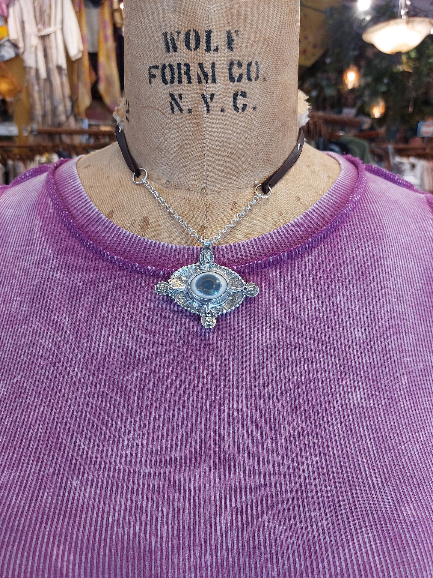 Fine Silver Solar Eye Quartz W/ Leather Chain Necklace *425N-3