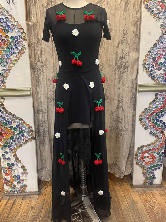 Crocheted Cherry & Daisy Sheer Maxi Dress